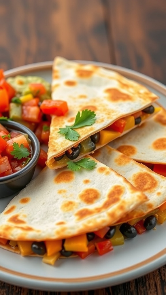 Golden-brown quesadillas filled with cheese and vegetables, served with salsa and guacamole.